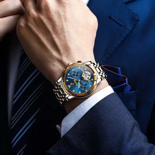 Vista 3 de OLEVS Men Automatic Watch Skeleton Moon Phase Dial Luxury Dress Stainless Steel Strap 5 Hands Diamond Men Wrist Watches