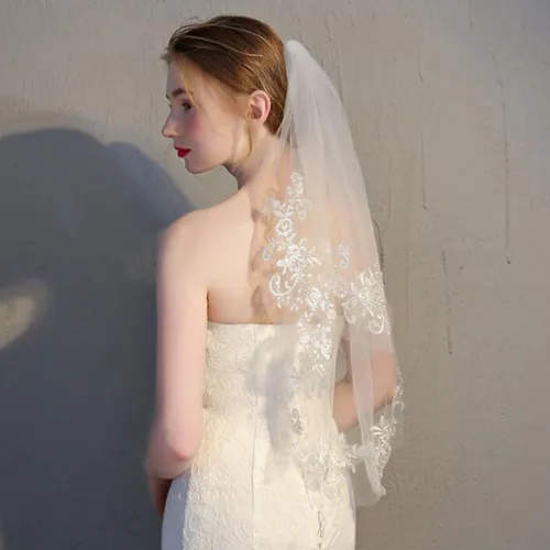 Vista 8 de Velo de novia para mujer, simple de tul, corto de 2 niveles, velo de boda, accesorios para el cabello.