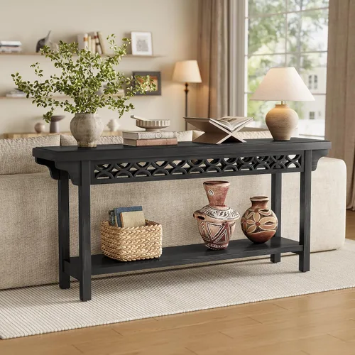 Vista 8 de LITTLE TREE Consola de 70.87 pulgadas de largo, mesa de entrada estrecha de madera maciza con estante, mesa de sofá rústica para sala de estar, Negro