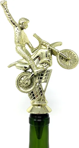Vista 3 de Tapón para botella de vino de motocross, hecho a mano con base de acero inoxidable y tapa de trofeo reutilizada