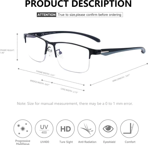 Vista 6 de SKYOAK 2 Pack TR90 Premium Reading Glasses for Men, Half Frame No-Line Computer Readers Multifocal Eyeglasses