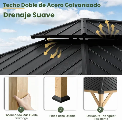 Vista 4 de Gazebo de madera para exteriores de 12 x 20 pies, cenador de techo rígido con doble techo de acero galvanizado, kiosco de patio con patas de madera