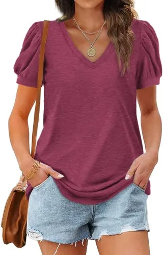 Vista 2 de WIHOLL - Blusas de verano para mujer, con cuello en V y mangas abullonadas, camisetas de moda casual