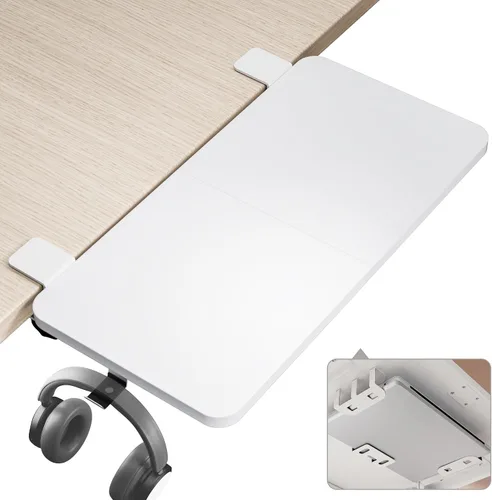 Vista 10 de PEGZONE Bandeja extensora de escritorio, estante de escritorio con abrazadera de 24 x 12 pulgadas, extensión de escritorio con cajón