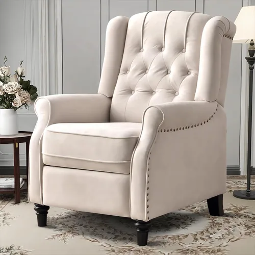 Vista 11 de 2 Sillas Reclinables Pushback, Sillones de Tela con Respaldo Reclinable y Decoración de Remaches, Sofá Individual Silla de Acento para Sala de Beige