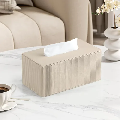 Vista 2 de Funda de caja de pañuelos de cuero sintético PU rectangular con cierre magnético, soporte de caja de pañuelos moderno para mesitas de noche de baño