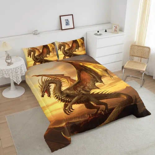 Vista 2 de Edredón de dragón de galaxia, juego de ropa de cama de dragón dorado, colcha de dragón, juego de ropa de cama de dragón de galaxia, juego de cama