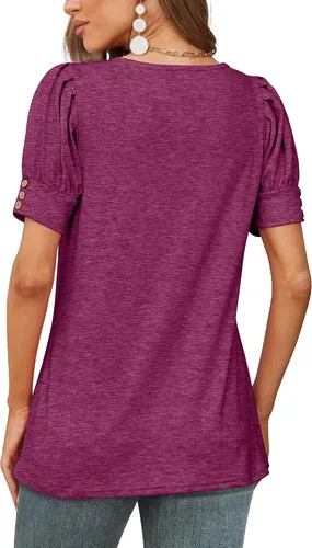 Vista 4 de Bofell Blusas plisadas de verano con mangas abombadas para mujer, blusas holgadas y elegantes