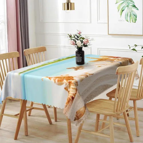 Vista 32 de Mantel oblongo, diseño de playa de 52 x 70 pulgadas, diseño de playa con estrellas de mar y olas de mar, con decoración impermeable y resistente a