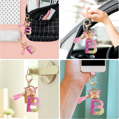Vista 4 de Yanmucy Llaveros de letras para mujer, de la A a la Z, bonitos llaveros de mariposa con borla de cristal del alfabeto, llavero inicial para mochila