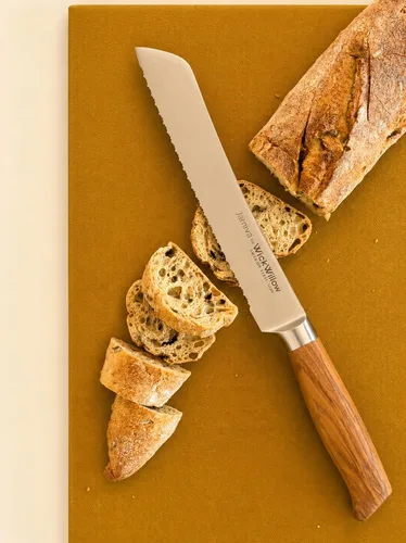 Vista 2 de WICKWILLOW Cuchillo de pan de doble dentado de 8 pulgadas, acero sueco, madera de olivo
