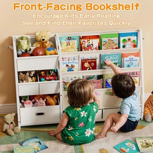 Vista 4 de HAVLOTII Estantería para niños y almacenamiento de juguetes, estante para libros para habitaciones de niños, estantería para bebés para guardería