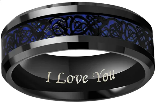 Vista 2 de CROWNAL Anillo de boda de carburo de tungsteno con diseño de dragón celta negro de fibra de carbono azul de 0.236in y 0.315in, grabado en inglés "I