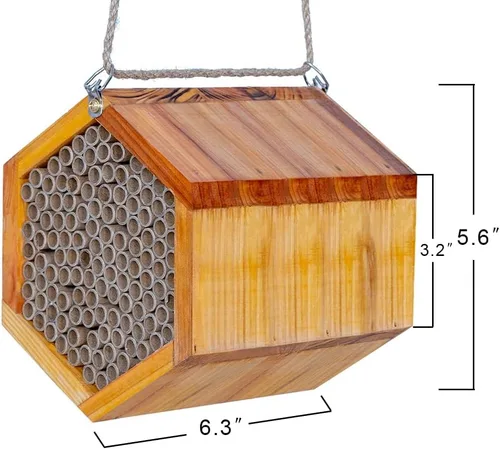 Vista 5 de Mason Bee House - Colmena de abejas de madera natural hecha a mano recubierta con cera para una larga vida útil y resistente al agua - Atrae