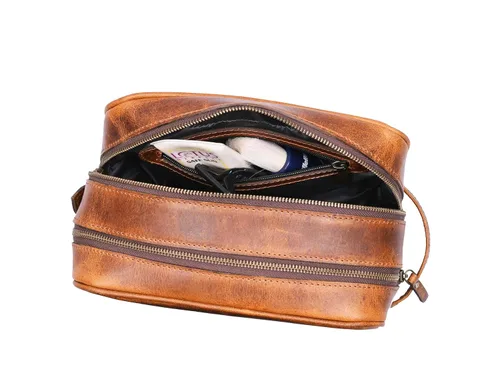 Vista 3 de Aaron Leather Goods - Neceser de viaje, de cuero de alta calidad, con forro impermeable Dopp de estilo vintage, hecho a mano, tamaño king - Kit ~