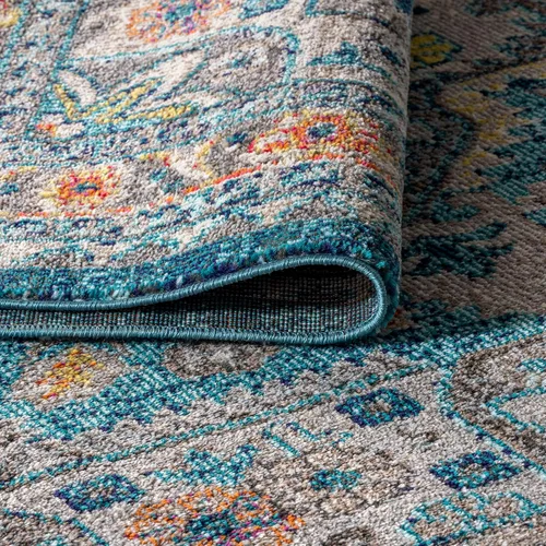 Vista 4 de JONATHAN Y Alfombra bohemia para interiores, color azul y amarillo, 3 x 5, medallón bohemio elegante, floral, fácil de limpiar, alto tráfico