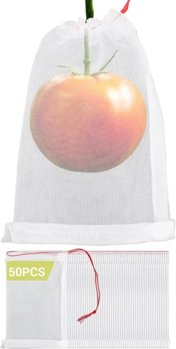 Vista 14 de Bolsas de cobertura de frutas contra pájaros, 25 bolsas de malla de protección de frutas de 4 x 6 pulgadas con cuerda, red para árboles frutales