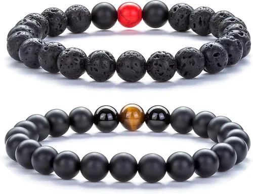 Vista 22 de Pulsera elástica Hamoery con cuentas naturales de ojo de tigre de 8 mm, para mujer y hombre Juego de 2 piezas 1-21018