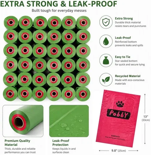 Vista 2 de Bolsas de excremento para perros, 225 bolsas de perro para excrementos, sin perfume, 15 rollos de repuesto, 9 x 13 pulgadas de grosor para perros