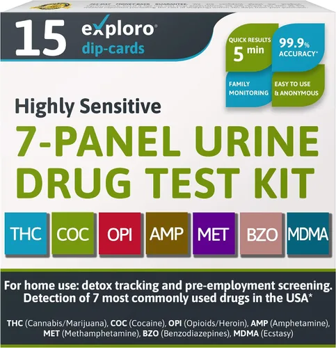 Vista 8 de Exploro Kit de prueba de drogas de 7 paneles - Prueba de drogas en orina en casa para THC, cocaína, opiáceos, anfetaminas, benzodiacepinas, MDMA