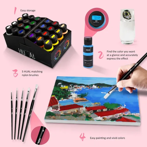 Vista 8 de HUAL Juego de pintura acrílica con 5 pinceles, 24 colores (2.0 fl oz, 2 onzas) para artistas, niños, principiantes y pintores