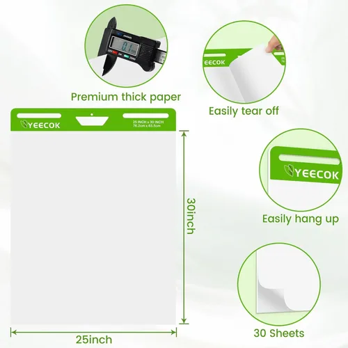 Vista 2 de YEECOK Super Sticky Easel Pad, 25 x 30 Inches, 30 Sheets/Pad, 10 Pads (300 Sheets), Thick 100gsm Flip Chart Paper, Self-Stick Anchor Chart for