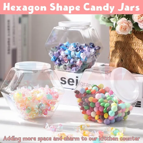 Vista 5 de Atarvana Juego de 4 tarros de plástico para caramelos de 72 onzas, recipientes hexagonales para dulces con tapas herméticas para bufé de dulces