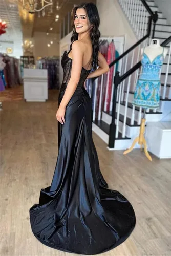 Vista 3 de KNCERY - Vestidos de dama de honor, vestidos formales de satén, sin tirantes, vestido de fiesta de noche, vestidos largos de graduación con abertura