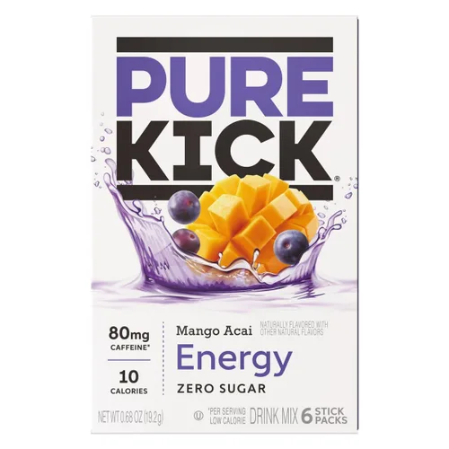 Vista 3 de Pure Kick Energy - Mezcla de bebida individual para llevar, mango acai, 6 cajas, 6 paquetes por caja (36 porciones individuales)