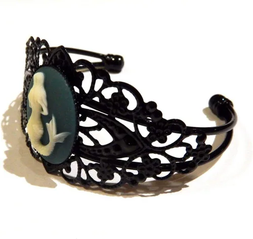 Vista 3 de Brazalete de filigrana de sirena de metal negro con diseño de sirena, color verde azulado, color marfil, Metal Metal pintura resina sintética