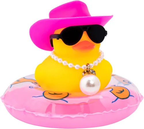 Vista 45 de wonuu Pato de goma para automóvil, decoración de pato amarillo con sombrero para el sol, anillo de natación, collar, gafas de sol para decoración