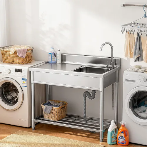 Vista 8 de Fregadero Utilitario de Acero Inoxidable LAFATI, Fregadero de Cocina Independiente de Acero Inoxidable 304 SUS de un Solo Tazón Con Estación