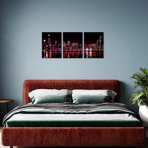Vista 3 de Biuteawal 3 paneles de Chicago Skyline Wall Art Chicago City Night View Picture Canvas Print Black and Red Cityscape Poster Photo Painting Modern