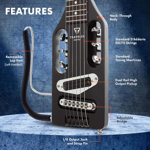 Vista 2 de Traveler Guitar Guitarra eléctrica ultraligera color negro mate zurdo portátil eléctrico con reposarazo extraíble, escala completa de 24 3/4