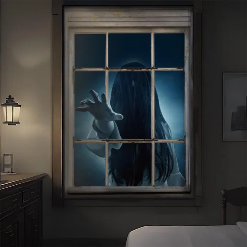 Vista 2 de Decoración de ventana de Halloween, cortina de fantasma femenino, decoración aterradora para la pared de la puerta de la ventana, decoración