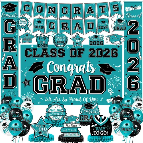 Vista 18 de Decoraciones de graduación 2026, juego de decoraciones de graduación rojo y negro con pancarta y telón de fondo de felicitaciones, letrero