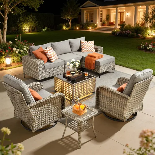 Vista 20 de HOOOWOOO Juego de muebles de patio de 5 piezas, sofá modular en forma de L para exteriores con mesa solar, mimbre PE para todo tipo de clima, sofá