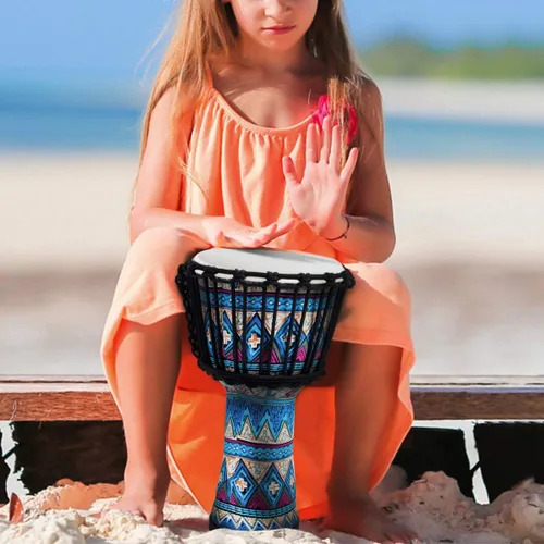 Vista 8 de Tambor africano de Djembe, estándar 8 '' tambores cosidos tela azul del Congo, tambor profesional del bongo con la cabeza del tambor de la piel