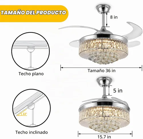 Vista 2 de Ventilador de techo invisible de 36", lámpara de araña de cristal moderna con control remoto, 4 aspas retráctiles de ABS para dormitorio, sala