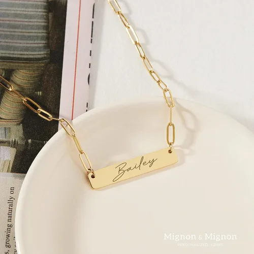 Vista 5 de MignonandMignon Custom Coordinate Necklace for Her Paper Clip Chain Personalized Gift Engraved Name Best Friend Birthday Nameplate Pendant -P-4N