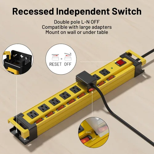 Vista 2 de Plug'n Regleta de Corriente Larga de 8 Tomas, Protector contra Sobretensiones de 2700J con Interruptores Individuales, Ampliamente Espaciada