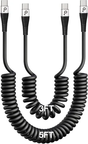 Vista 17 de Cable USB C de carga rápida, paquete de 2 cables de carga USB A a USB C en espiral de 3 pies para automóvil, cable de carga USB-C compatible