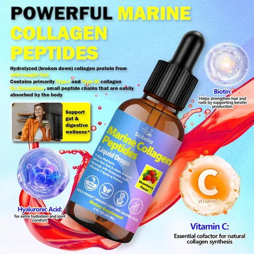 Vista 2 de Gotas líquidas de péptidos de colágeno marino, colágeno hidrolizado tipo I y III con ácido hialurónico biotina vitamina C para articulaciones, piel
