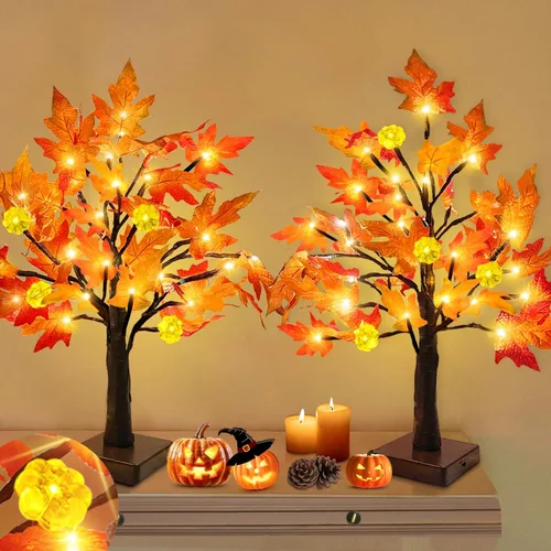 Vista 10 de Árbol de arce preiluminado de otoño con temporizador de luces de calabaza