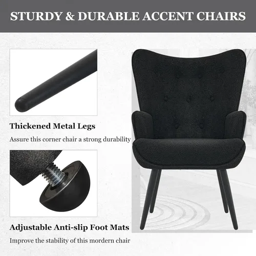 Vista 7 de Furnimart Silla de Acento de Piel Sintética Negra con Respaldo de Ala Sillas Modernas para Sala de Estar, Cómodo Sillón de Ocio Tocador Silla