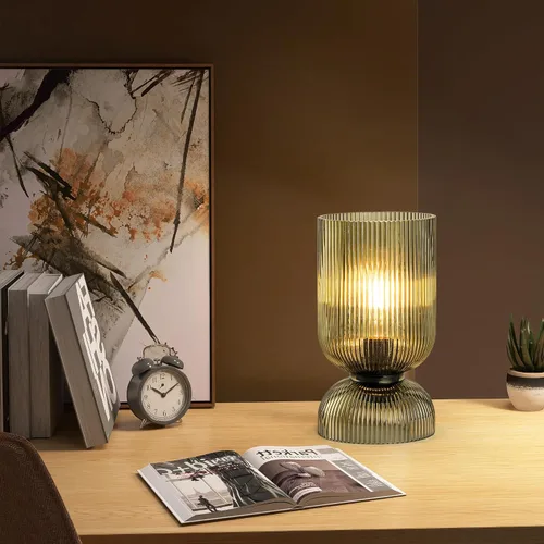 Vista 4 de Lámpara de mesa moderna, lámpara de vidrio de mediados de siglo con pantalla de vidrio verde, lámpara de cabecera con interruptor