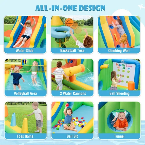 Vista 2 de HONEY JOY Tobogán acuático inflable, tobogán acuático de elefante 9 en 1 para patio trasero de niños, piscina de chapoteo, punta de tac, pared