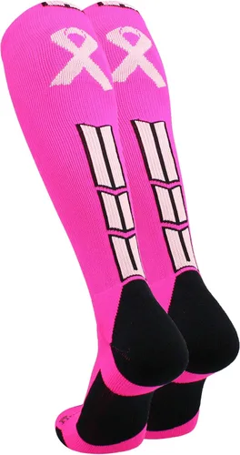 Vista 2 de MadSportsStuff Triumph - Calcetines de concientización sobre el cáncer de mama con cinta rosa para fútbol, béisbol, softbol, niños, niñas y hombres