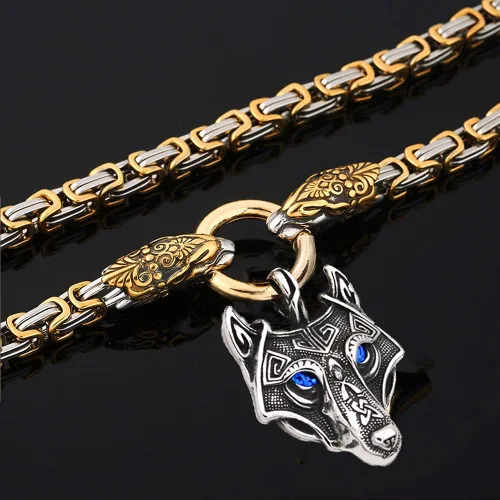 Vista 3 de Collar con colgante de lobo Fenrir con cabeza de dragón dorado con mezcla de acero inoxidable para hombre, amuleto vikingo nórdico con dije de lobo