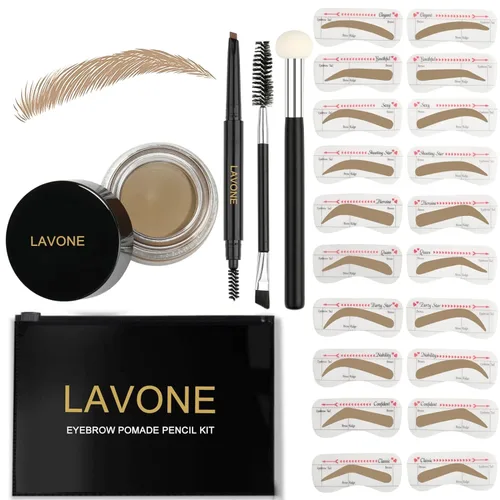 Vista 35 de LAVONE Kit de plantillas para cejas, trío de sellos para cejas con lápiz impermeable, pomada, 20 plantillas, cepillo de doble punta y aplicador